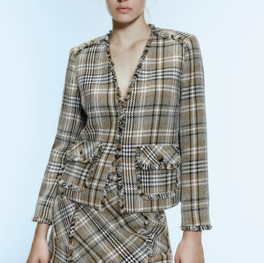 Zara Frayed Plaid Blazer